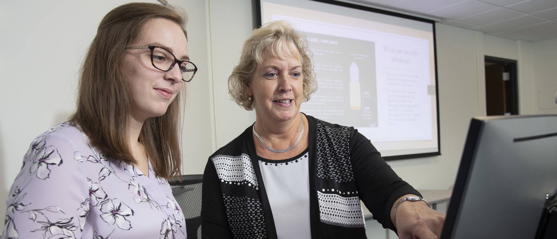Nursing student Heidi Pardon (left) and her faculty mentor, Dr. Diane Marcyjanik, have created a presentation they plan to share with teens about the dangers of vaping.