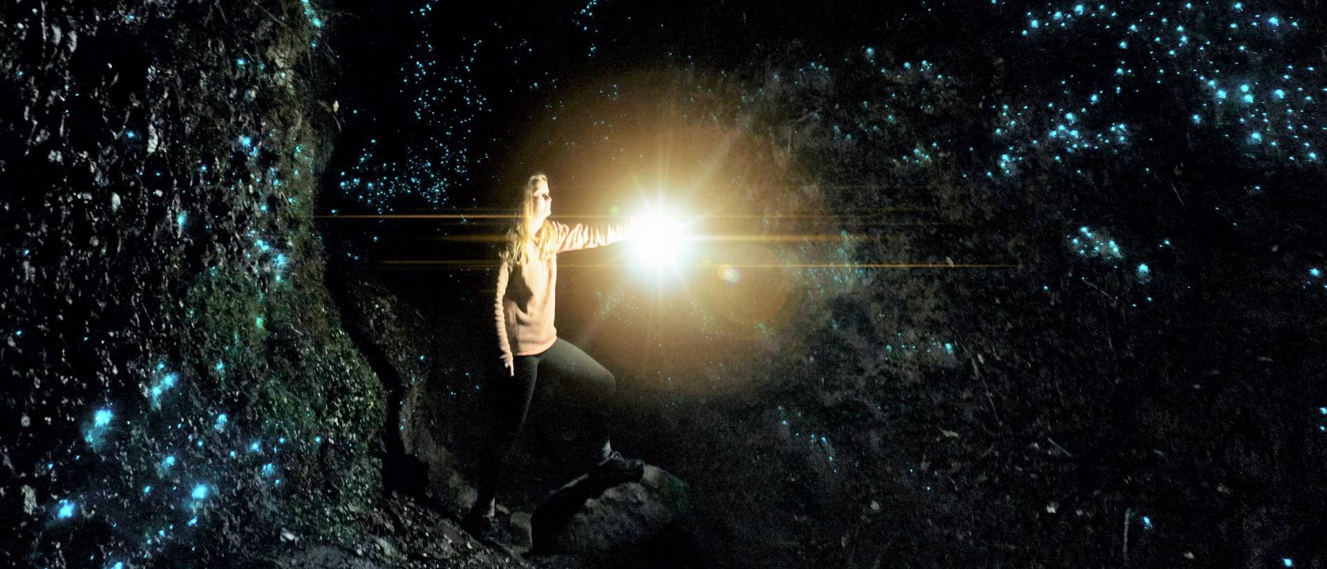 UW-Eau Claire student Julia Wopat explores a glowworm cave in New Zealand