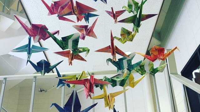 Flock of origami birds in stairwell