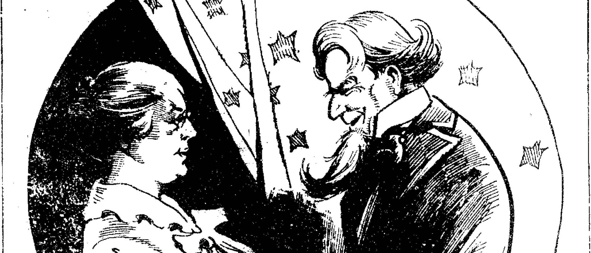 A political cartoon with Uncle Sam and a woman representing women's suffrage, holding hands.