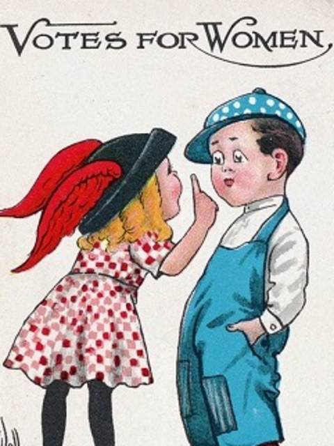 A vintage postcard featuring two children. The young girl is telling the young boy about why she deserves to vote