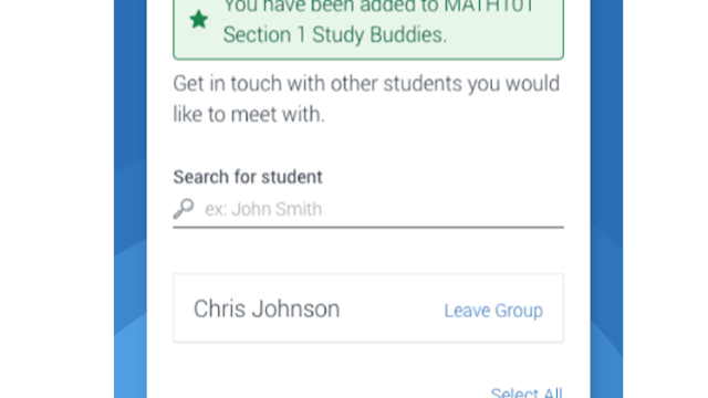 A screen shot of the Study Buddies function in the Navigate Student app.