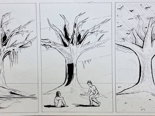 Ink drawing of a tree through three seasons