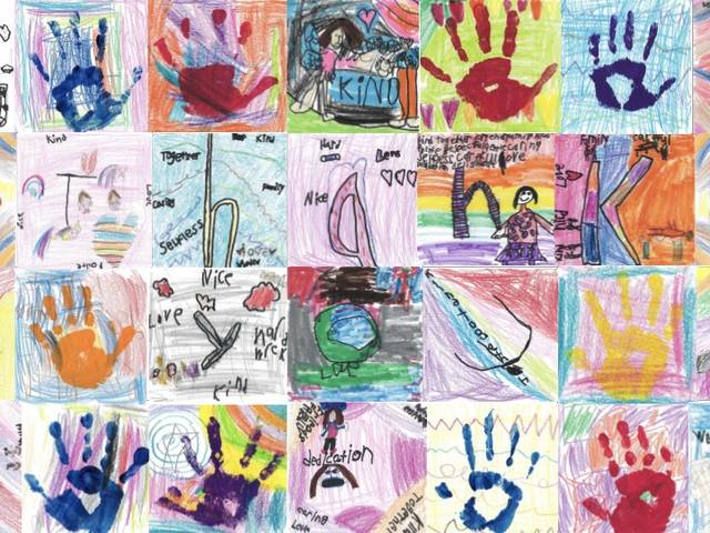 Colorful handprint collage of Menomonie Elementary students