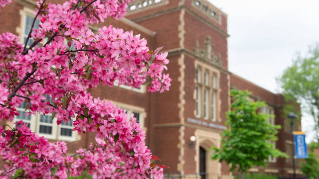 Schofield Hall in the spring with trees blooming.