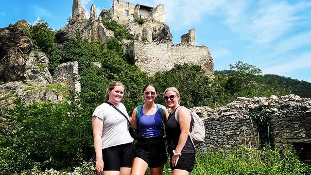 Blugolds (from left) Samantha Maurer, Bekah Henn and Alyssa Hanson biked in the Wachau Valley during a summer immersion program in Central Europe. They visited multiple countries, learning about the history and culture of the region.