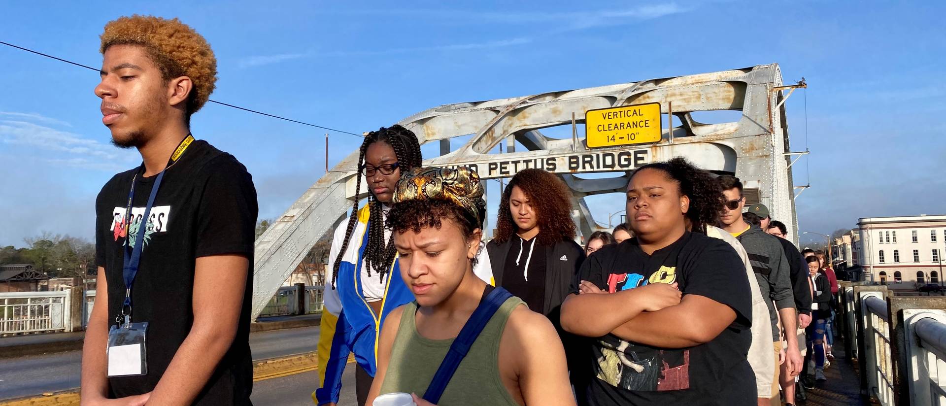 Students crossing Edmond Pettis Bridge on Civil Rights Pilgrimage