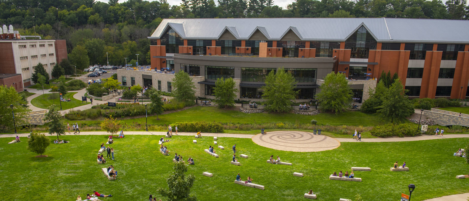 Campus mall and Davies Center in early fall