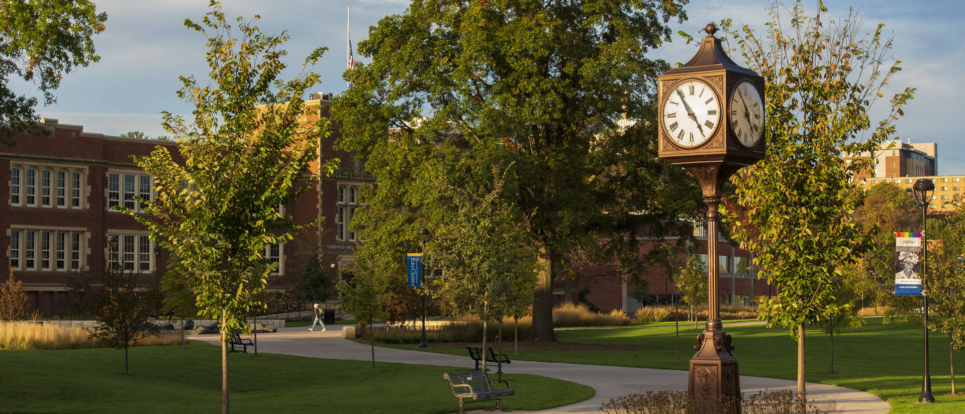 Campus mall and clock tower in fall