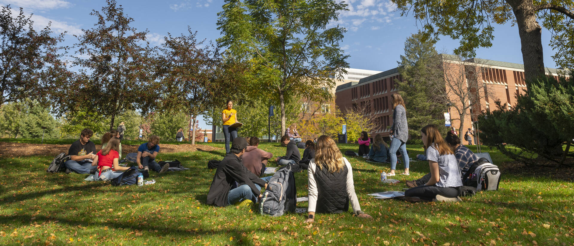 Campus mall with students in fall 2