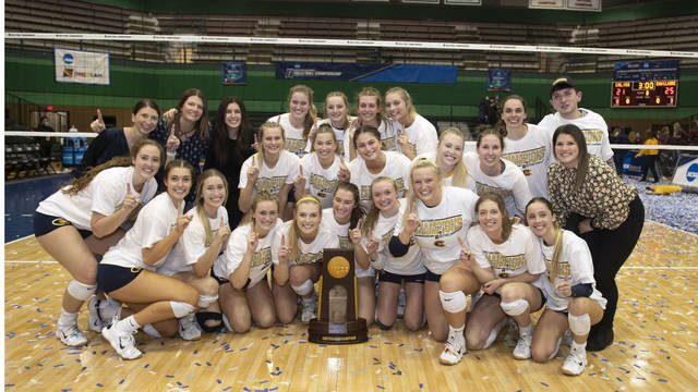 Blugold women's volleyball with National Championship trophy