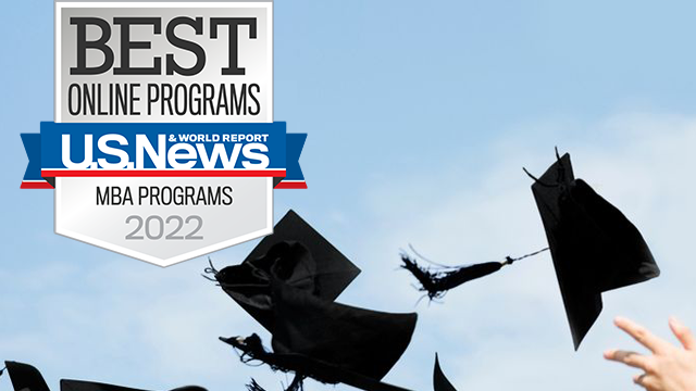 Image of graduation caps being tossed in the air with a U.S. News badge for ranked one of the Best Online Programs.
