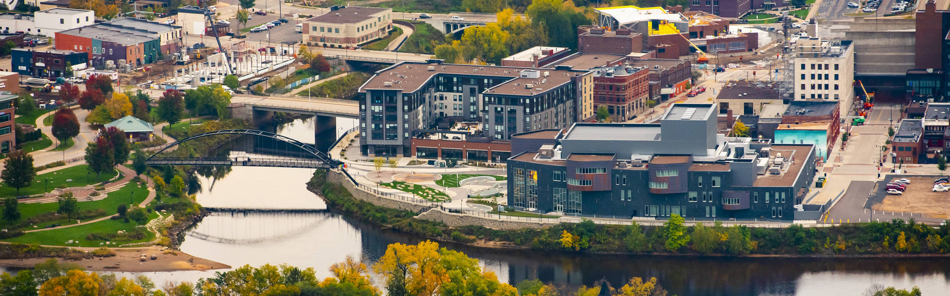 An aerial view of downtown Eau Claire in the fall.