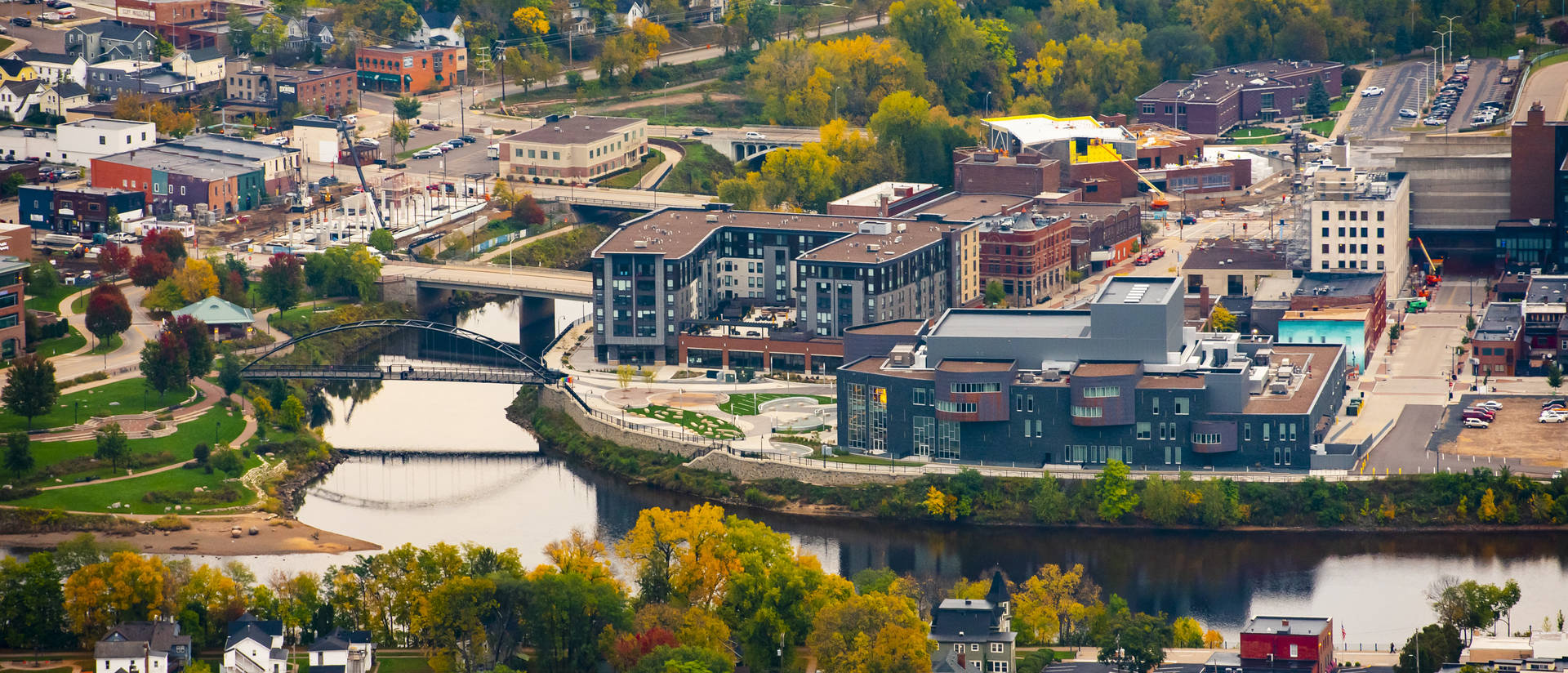 An aerial view of downtown Eau Claire in the fall.