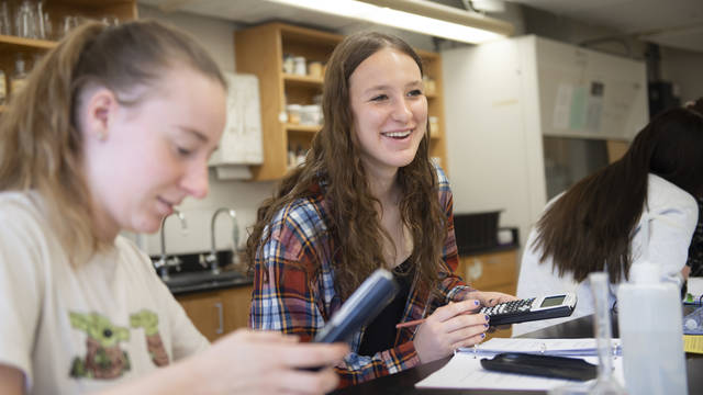 Chemistry students use calculators during a lab in class.