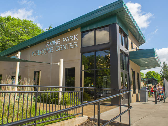 The Welcome Center was constructed in 2016 in Irvine Park, but has been mostly empty until the Blugolds built the exhibit this spring.