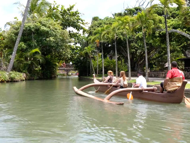 UW-Eau Claire students took part in a canoe ride at the Polynesian Cultural Center on the island of Oahu to explore six islands and learn about the native Hawaiian culture.