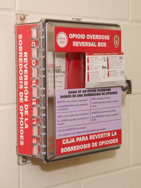 The Nalox-Zone boxes include Narcan nasal sprays, masks and instructions.