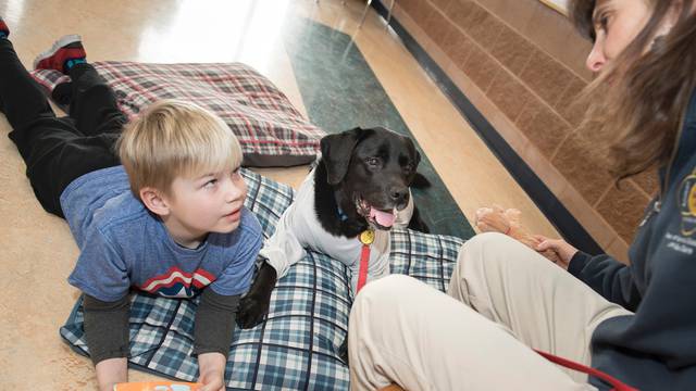 Nicholas Hein, therapy dog Solomon and Dr. Anne Papalia