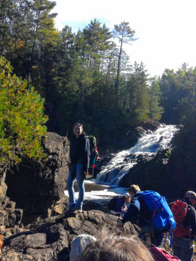 Students by waterfall