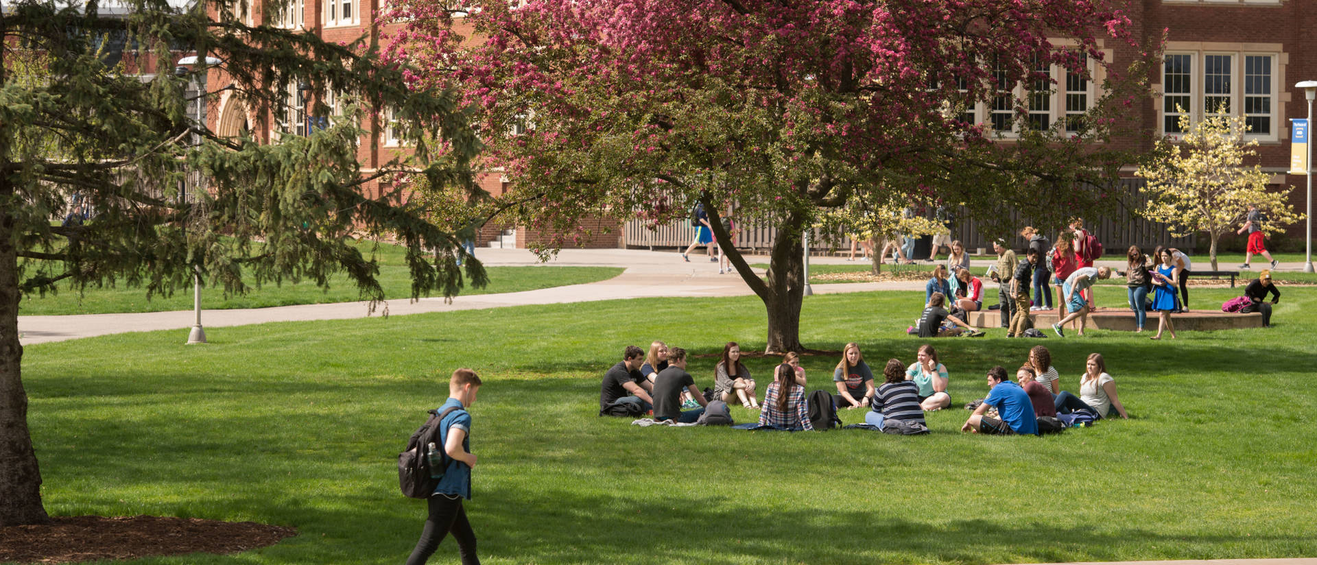 spring scene of students outside Schofield Hall