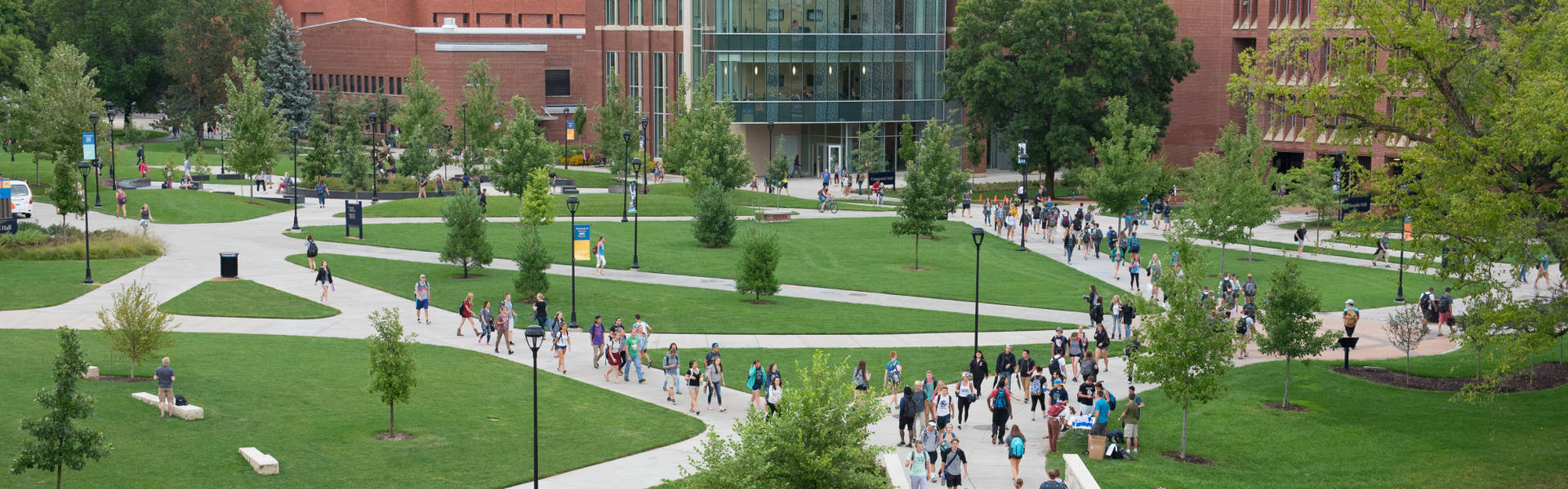 Students walking across campus mall