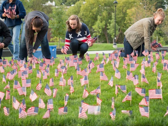Students place U.S. flags on the UW-Eau Claire campus mall in honor of Veterans Day.