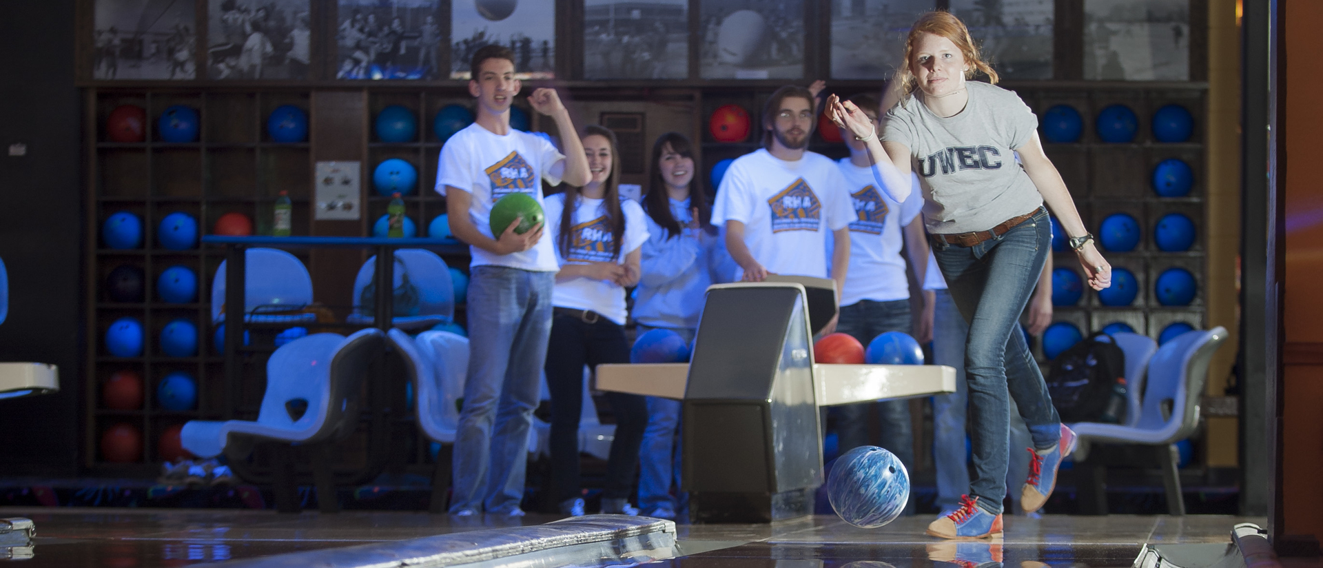 Students bowling in Hilltop Center