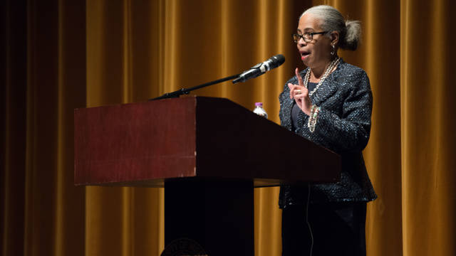 Gloria Ladson-Billings presents during the 2017 Martin Mogensen Education Lecture on culturally relevant pedagogy.