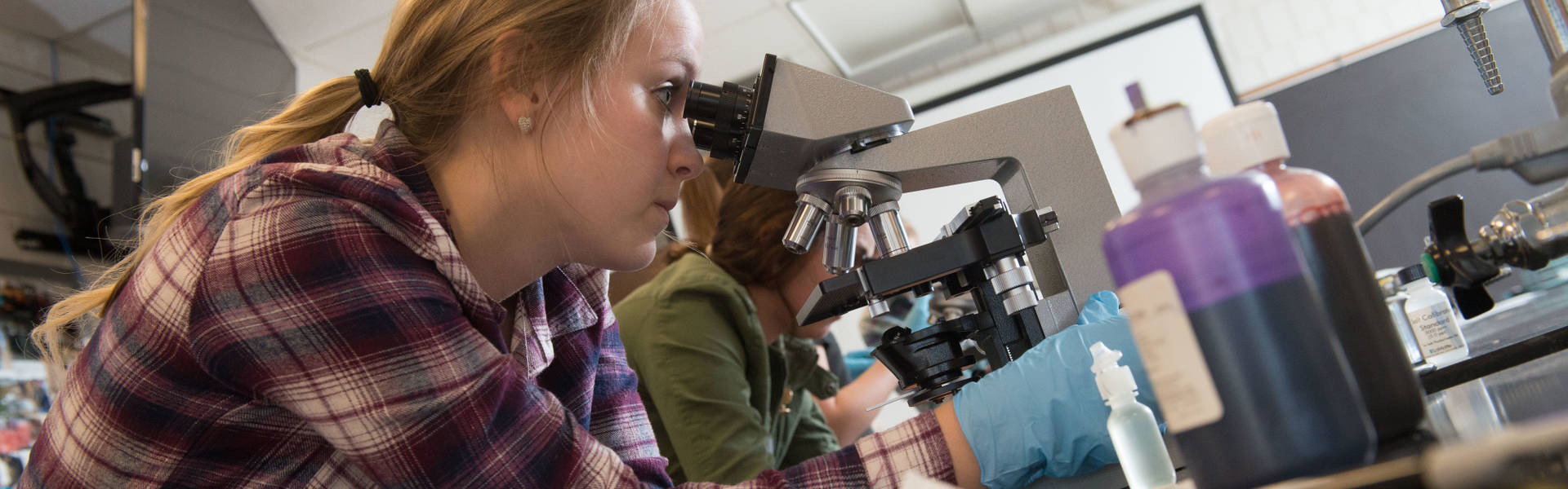 Student working with microscope in environmental health lab class